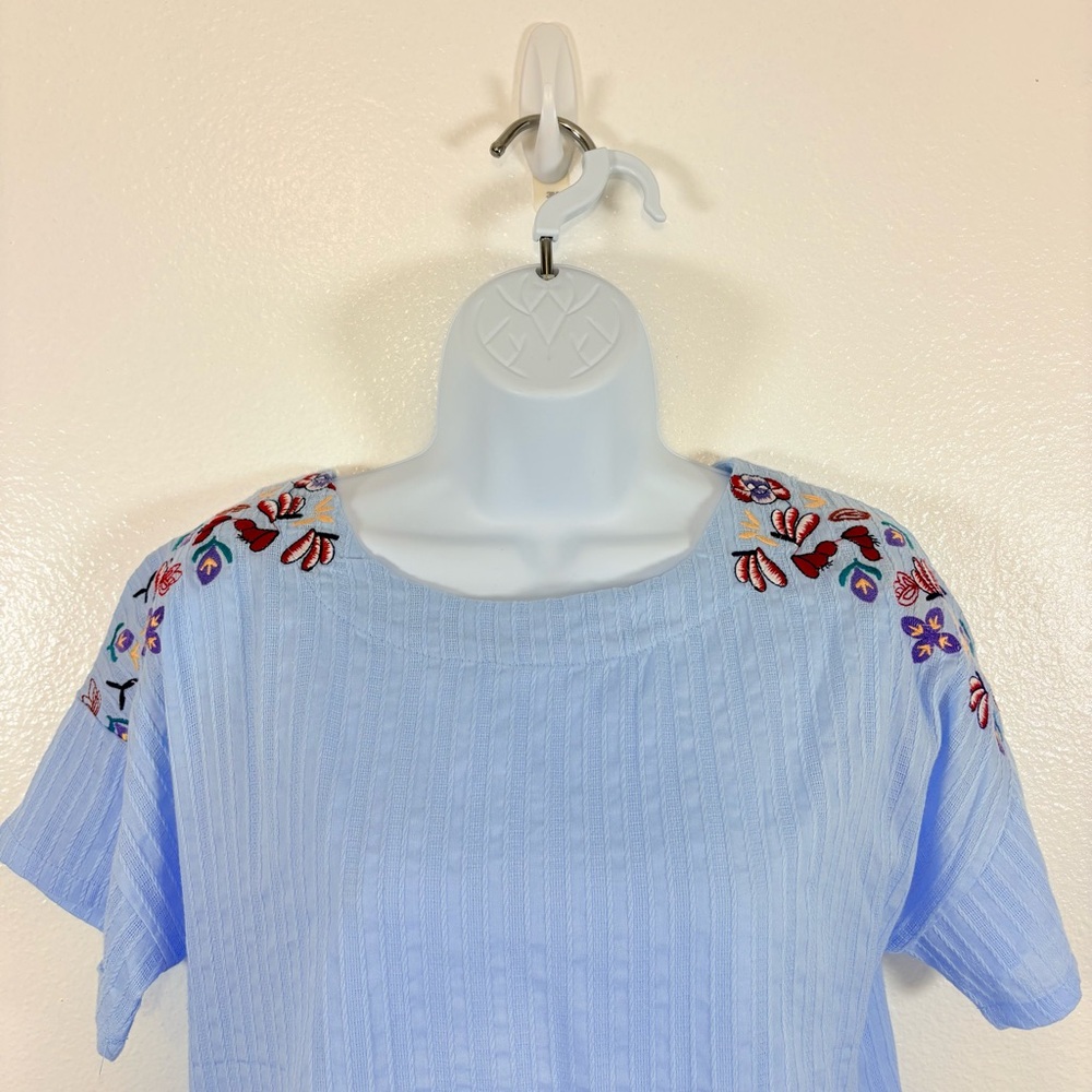 Embroidered Flower Shoulder Top Blue Ribbed Short Sleeve Boho Blouse Soft Girl - Picture 3 of 9